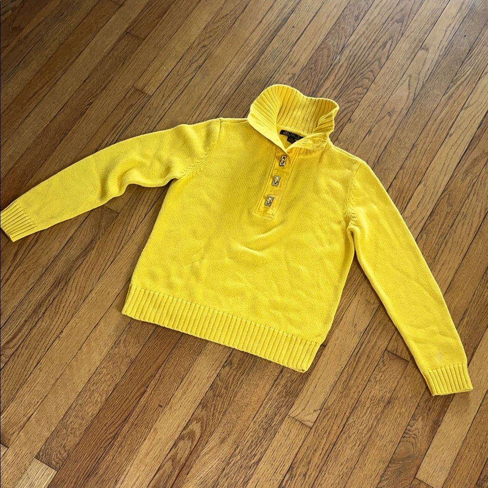 Lauren Ralph Lauren Collared Yellow Gold Turn Lock Button Sweater Sz L cotton
